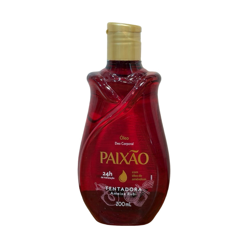 Óleo deo corporal Paixão Tentadora Ameixa Rubi 200ml, frasco vermelho com tampa dourada
