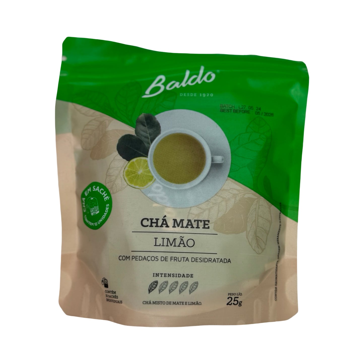 Baldo Mate Tea with Lemon (Chá Mate com Limão) - 10 Individual Tea Bags with Real Fruit, 25g