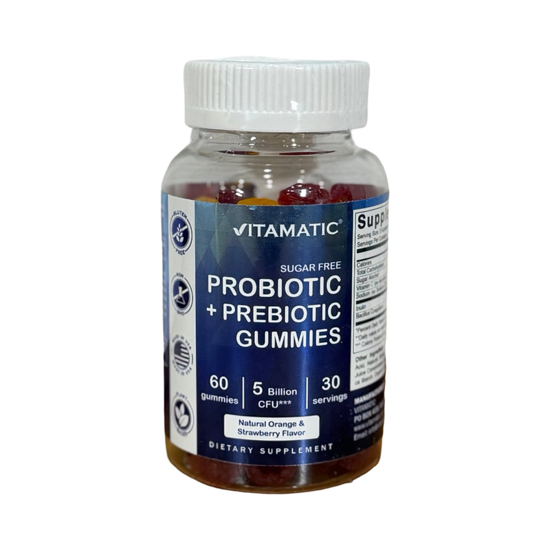Frasco de Gummies de Probiótico + Prebiótico Vitamatic sem açúcar, rótulo azul, 5 bilhões de UFC, sabor laranja e morango, 60 gomas