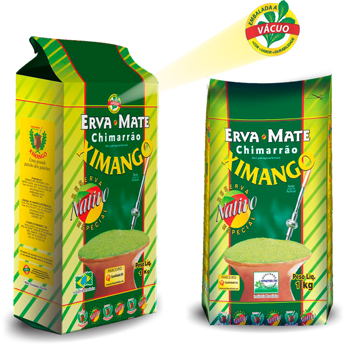 Erva-Mate Chimarrão Ximango Reserva Nativo Especial 1 kg em duas versões de embalagem, uma delas a vácuo
