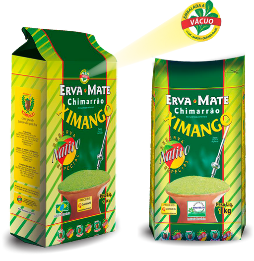 Erva-Mate Chimarrão Ximango Reserva Nativo Especial 1 kg em duas versões de embalagem, uma delas a vácuo