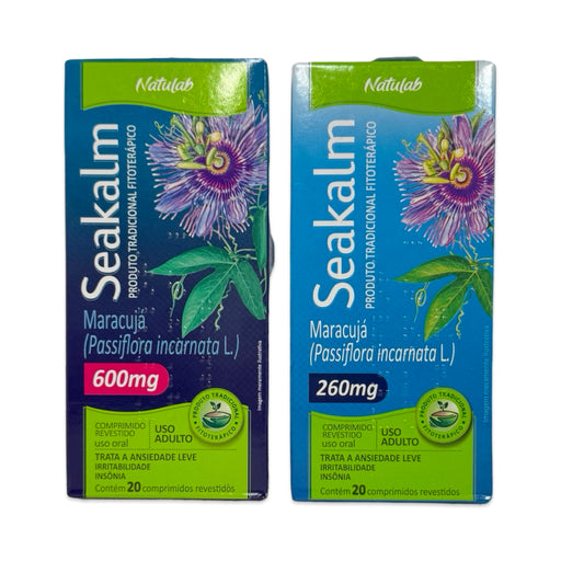Kit Dia & Noite Seakalm Natulab: caixas de Maracujá 260mg (dia) e 600mg (noite) lado a lado