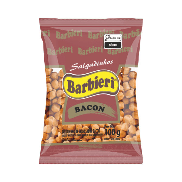 Pacote do Salgadinho de Trigo Barbieri sabor bacon de 100 g, com as bolinhas de trigo à mostra