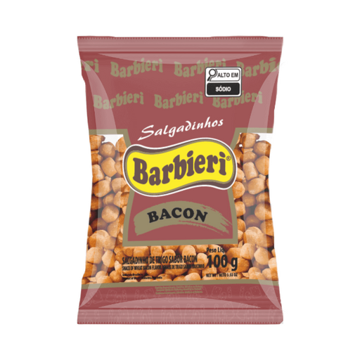 Pacote do Salgadinho de Trigo Barbieri sabor bacon de 100 g, com as bolinhas de trigo à mostra