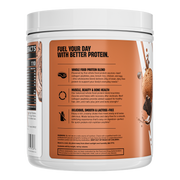 Lateral do pote Whole Food Protein Nutrex: blend de 5 proteínas (colágeno bovino, ervilha, arroz integral, frango e ovo), sem lactose