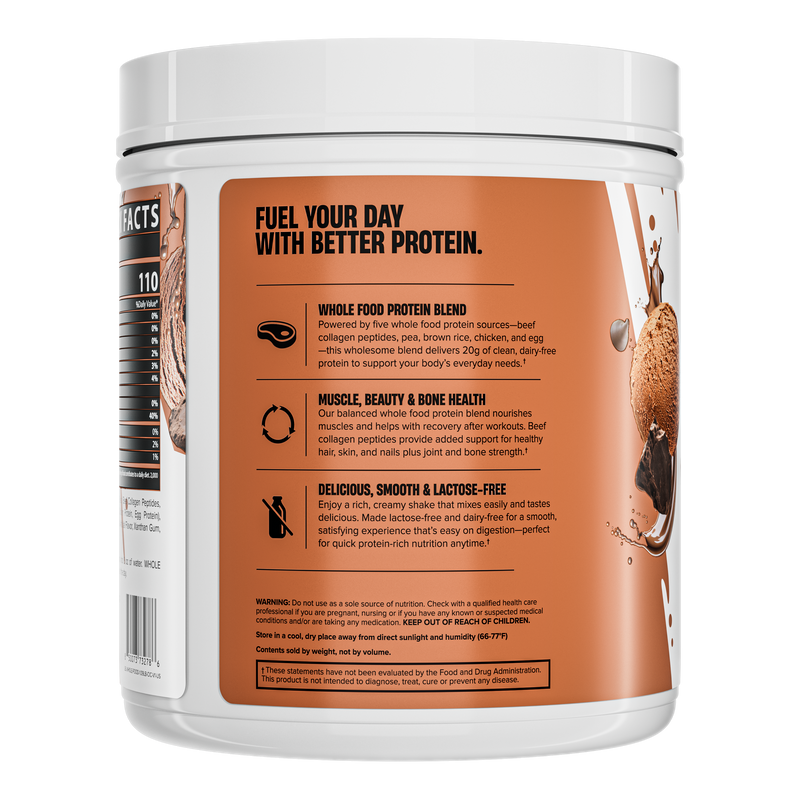 Lateral do pote Whole Food Protein Nutrex: blend de 5 proteínas (colágeno bovino, ervilha, arroz integral, frango e ovo), sem lactose