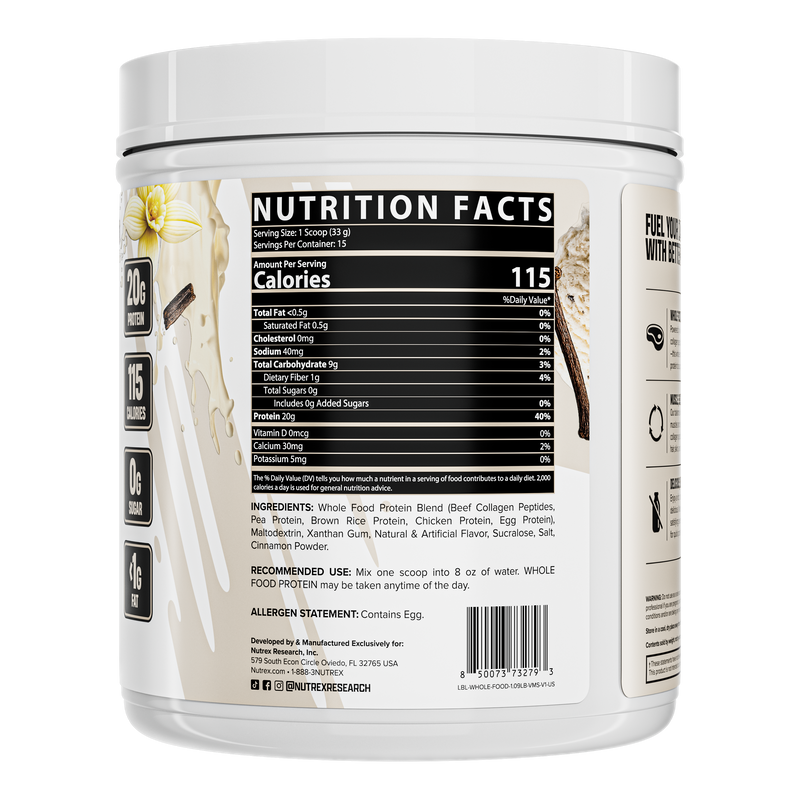 Tabela nutricional e ingredientes da Whole Food Protein Nutrex sabor baunilha: 115 kcal e 20 g de proteína por dose