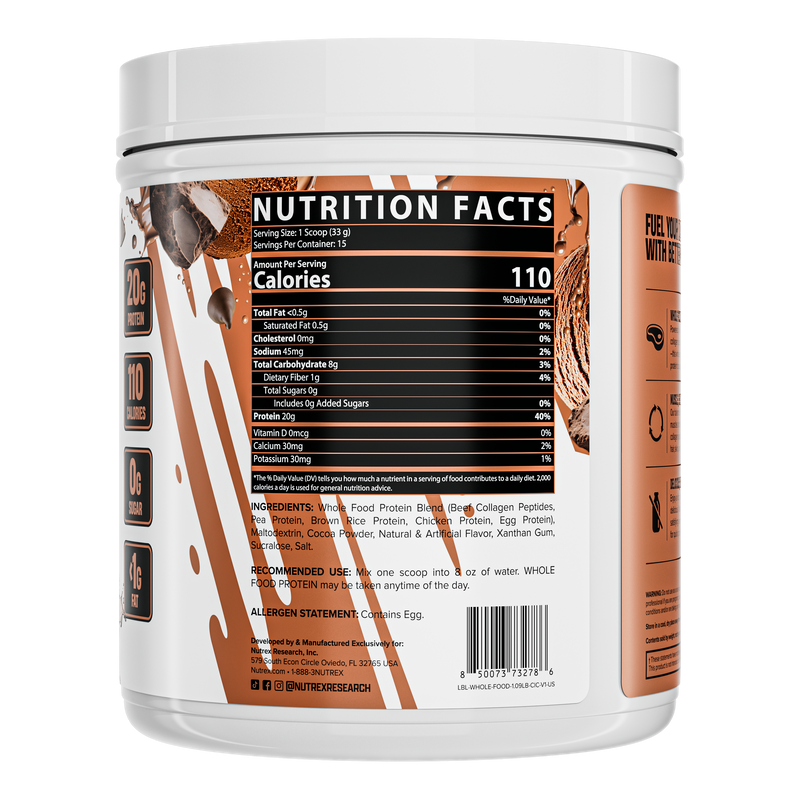 Tabela nutricional e ingredientes da Whole Food Protein Nutrex sabor chocolate: 110 kcal e 20 g de proteína por dose