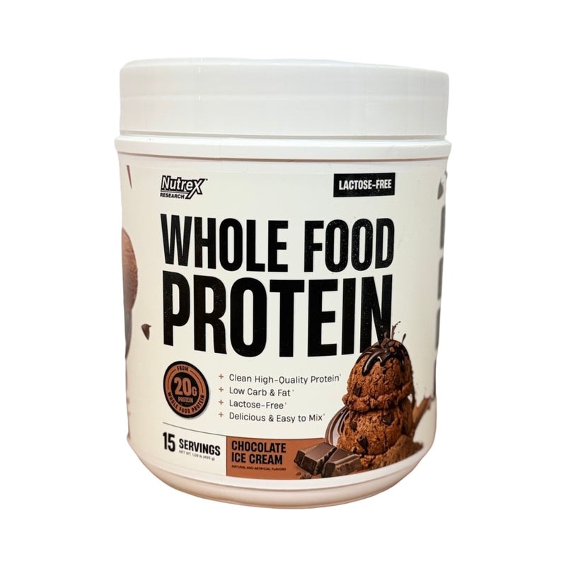 Pote da proteína Whole Food Protein Nutrex sabor Sorvete de Chocolate, sem lactose, 20 g de proteína por dose, 15 doses (495 g)