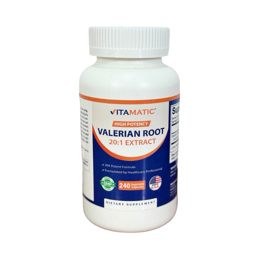 Frasco branco de Raiz de Valeriana Vitamatic alta potência, extrato 20:1, rótulo azul e laranja, 240 cápsulas vegetais