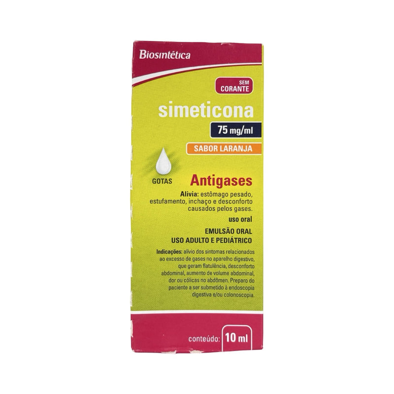 Caixa amarela e vermelha da Simeticona 75 mg/mL Biosintética em gotas, sabor laranja, sem corante, 10 ml