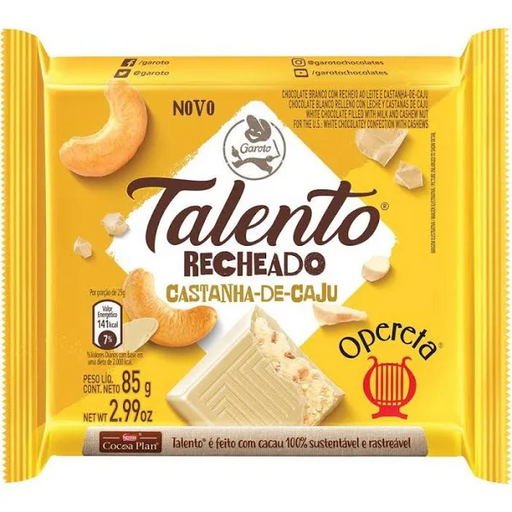 Tablete do chocolate Garoto Talento Recheado Castanha-de-Caju Opereta de 85 g, embalagem amarela