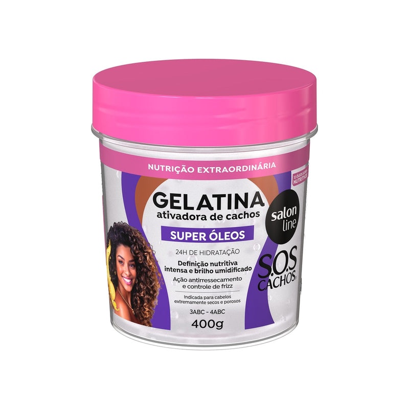 Pote da Gelatina Ativadora de Cachos Salon Line S.O.S Cachos Super Óleos 400 g, com tampa rosa