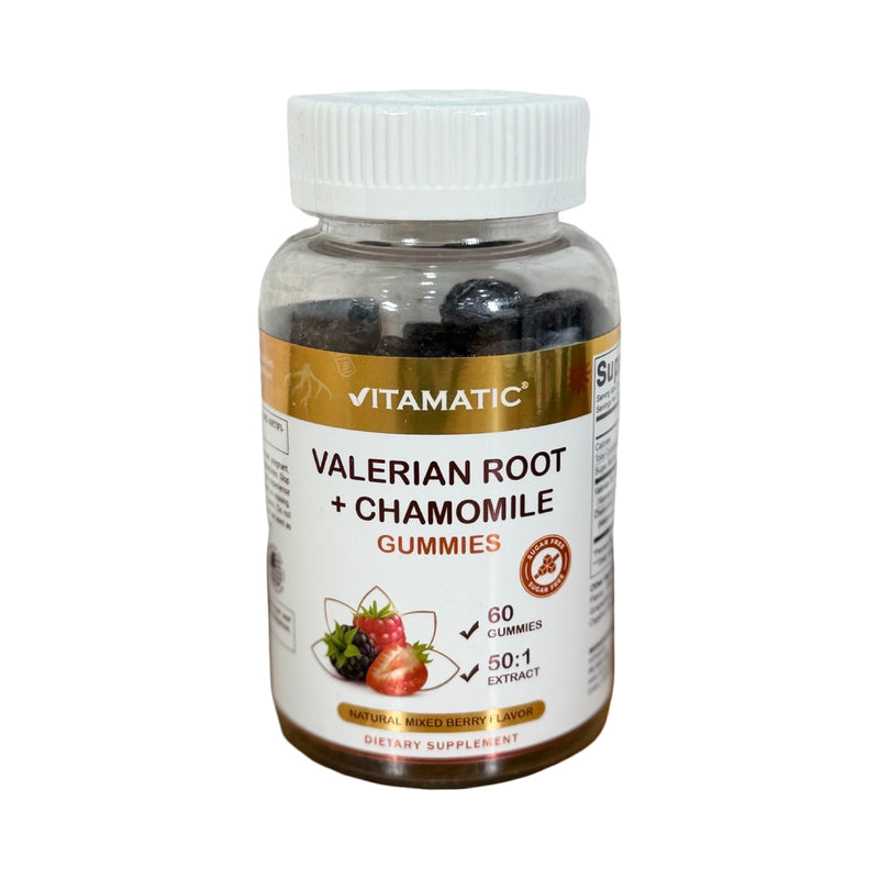 Frasco de Gummies de Valeriana com Camomila Vitamatic sem açúcar, rótulo branco e dourado, sabor frutas vermelhas, 60 gomas
