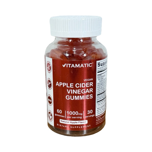 Frasco de Gummies veganas de Vinagre de Maçã Vitamatic 1000 mg, rótulo vermelho, sabor maçã, 60 gomas