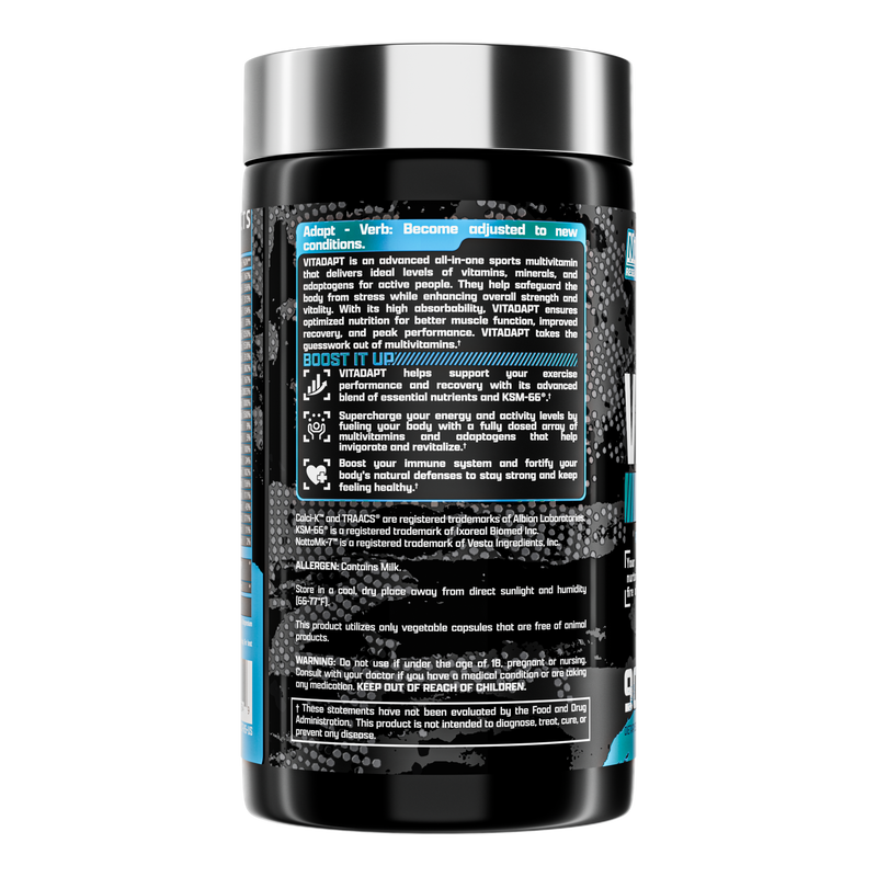 Lateral do frasco Vitadapt Complete Nutrex com benefícios, alergênicos e advertências