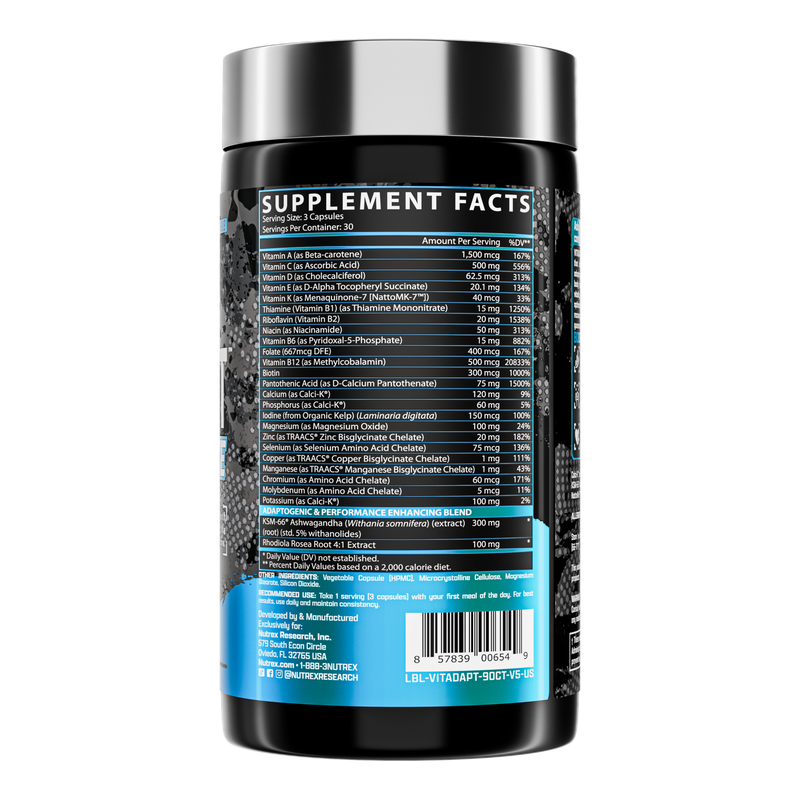 Tabela nutricional do Vitadapt Complete Nutrex: vitaminas, minerais, KSM-66 ashwagandha e rhodiola por dose de 3 cápsulas
